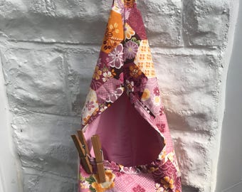 Pink Hexagon Cotton Peg Bag, Lined Storage Bag for Pegs, handmade in Yorkshire