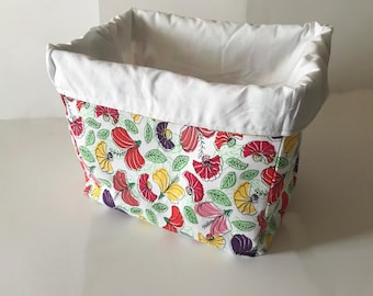 White Floral fabric storage box, cotton basket, storage caddy handmade in Yorkshire