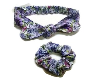 Lilac Floral Scrunchie and Tie Headband , Cotton Fabric Hair Accessories
