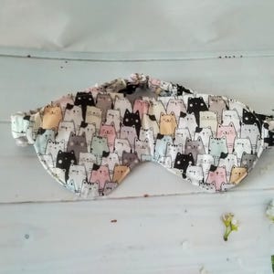 Sleep Mask, Pink Cartoon Cat themed eye mask, padded beauty mask made from cotton, letterbox gift handmade in Yorkshire