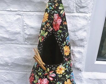 Black Floral Wigwam Peg Bag, Flip & Clip Cotton Storage Bag for Pegs, handmade in Yorkshire