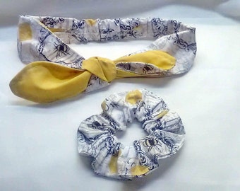 Bee headband and scrunchie, yellow cotton elasticated women's hairband