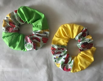 Patchwork Floral Scrunchies, Green Scrunchie, Yellow Scrunchie, Handmade Cotton Hair Accessory