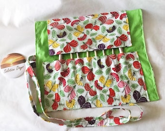 Make Up Brush Roll - Green Floral Cotton Brush Travel Storage, Handmade