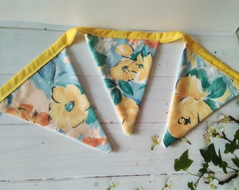 Yellow flowers bunting from recycled fabric, cotton bunting & bag, 10 flags double sided, 2.6 metres long, handmade in Yorkshire