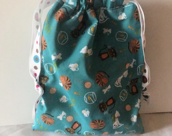 Green Cats Fabric Gift Bag, Reusable Drawstring Pouch, Handmade