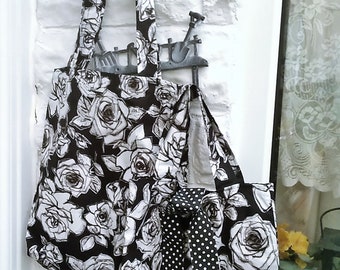 Black Roses Shoulder Bag,  Reusable Cotton Tote Floral Print Handmade