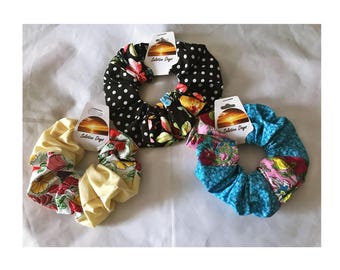 Patchwork Scrunchies, Pink, Blue, Yellow, Black Floral Polka Dot Scrunchie, handmade Yorkshire