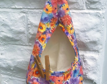 Yellow Floral Cotton Peg Bag, Lined Storage Bag for Pegs, handmade in Yorkshire
