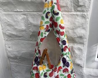White Floral Wigwam Peg Bag, Flip & Clip Cotton Storage Bag for Pegs, handmade in Yorkshire