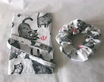 Roll Up Pencil Case, Grey Cats Scrunchie, Handmade