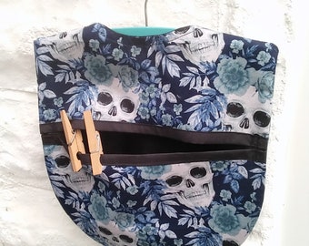 Blue Peg bag skulls print cotton lined laundry bag, wood hanger included, handmade in Yorkshire