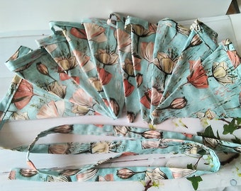 Reusable Full size Green Flowers Cotton Bunting & Storage Bag, 10 flags double sided and 10 foot long (3.3 metres) handmade in Yorkshire