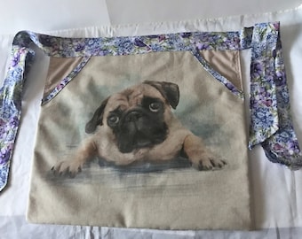 Pug apron, fully lined linen tie waist front pocket half apron, letter box gift made in Yorkshire