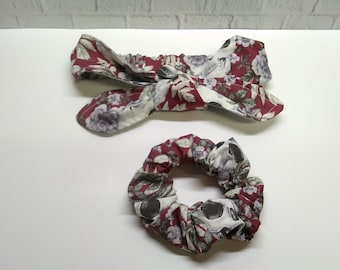 Gothic skulls tie Knot red Headband, Red Skulls Print cotton scrunchie handmade in Yorkshire