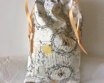 Bee Fabric Lined Gift Bag, Eco friendly Drawstring Cotton Bag, Handmade