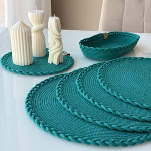 Tovagliette rotonde in cotone color verde acqua, decorazioni da tavolo con cordoncino intrecciato, set da pranzo in stile rustico