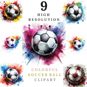 Paquete de 9 imágenes prediseñadas de balones de fútbol de colores / Impresión artística deportiva / Acuarela deportiva, Arte salpicado / Imágenes prediseñadas de balones de fútbol modernos, Descarga de archivos digitales