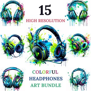 15 Bunte Kopfhörer Kunstdruck Bundle - DJ Musik Illustration - Hohe Qualität Digital für Musikliebhaber Download Persönliche und Kommerzielle Nutzung