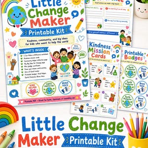 Puede incluir: Un kit imprimible Little Change Maker con ilustraciones coloridas de niños, la Tierra y actividades sobre la amabilidad. El kit incluye hojas de trabajo, tarjetas de misión e insignias con textos como Together We Can, Kind Helper y Brave Voice.