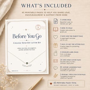 Könnte beinhalten: Ein druckbares Brief-Set für den Studienbeginn mit dem Titel Before You Go, bestehend aus 45 Seiten inklusive Deckblatt, Anleitung, Elternnotizen, Geschenkideen, Umschlagetiketten, 24 Briefen zum Öffnen, 10 Unterstützungsseiten und 5 Erinnerungsseiten.