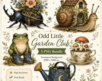 Garden PNG Bundle, Frog Mushroom Snail Clipart, Garden Sticker Designs, Beetle Flower PNG, Whimsical Nature Digital Download