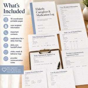 May include: A set of 10 printable pages for an Elderly Caregiver & Medication Log, including forms for care recipient information, daily medication administration, meals, hydration, appetite, symptoms, mood, behavior, and provider communication notes.
