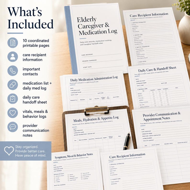 May include: A set of 10 printable pages for an Elderly Caregiver & Medication Log, including forms for care recipient information, daily medication administration, meals, hydration, appetite, symptoms, mood, behavior, and provider communication notes.