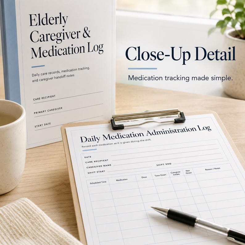 May include: A white binder titled Elderly Caregiver & Medication Log with a clipboard featuring a Daily Medication Administration Log form. The form includes fields for date, care recipient, caregiver name, shift start, shift end, and a grid.