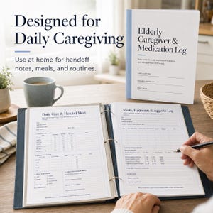 May include: A white binder with a blue spine titled Elderly Caregiver & Medication Log, containing printed sheets for Daily Care & Handoff and Meals, Hydration & Appetite. The text reads Designed for Daily Caregiving and Use at home for handoff notes, meals, and routines.