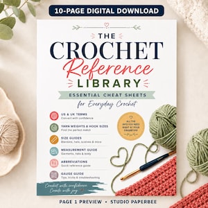 以下が含まれることがあります： かぎ針編みのための重要なチートシートをまとめた「The Crochet Reference Library」というタイトルの10ページのデジタルダウンロード。米国および英国の用語、糸の太さ、かぎ針のサイズ、測定ガイド、略語に関するセクションが含まれています。