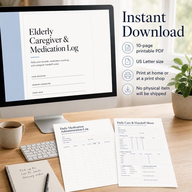 May include: A digital display showing an Elderly Caregiver & Medication Log, alongside two printed sheets titled Daily Medication Administration Log and Daily Care & Handoff Sheet. The text includes details on 10-page printable PDF US Letter size.