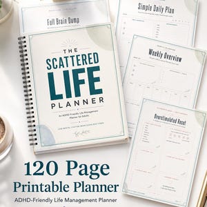 May include: A spiral-bound planner titled The Scattered Life Planner with teal and black text on a white cover, accompanied by three loose-leaf planning sheets labeled Simple Daily Plan, Weekly Overview, and Overstimulated Reset with teal accents.