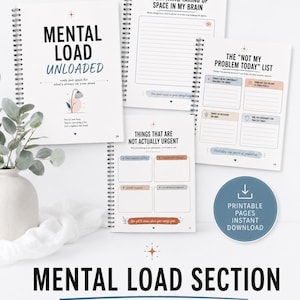 May include: A spiral-bound mental load planner with white pages featuring black text, including titles like Mental Load Unloaded, Everything Taking Up Space In My Brain, The Not My Problem Today List, and Things That Are Not Actually Urgent, with a blue download icon.