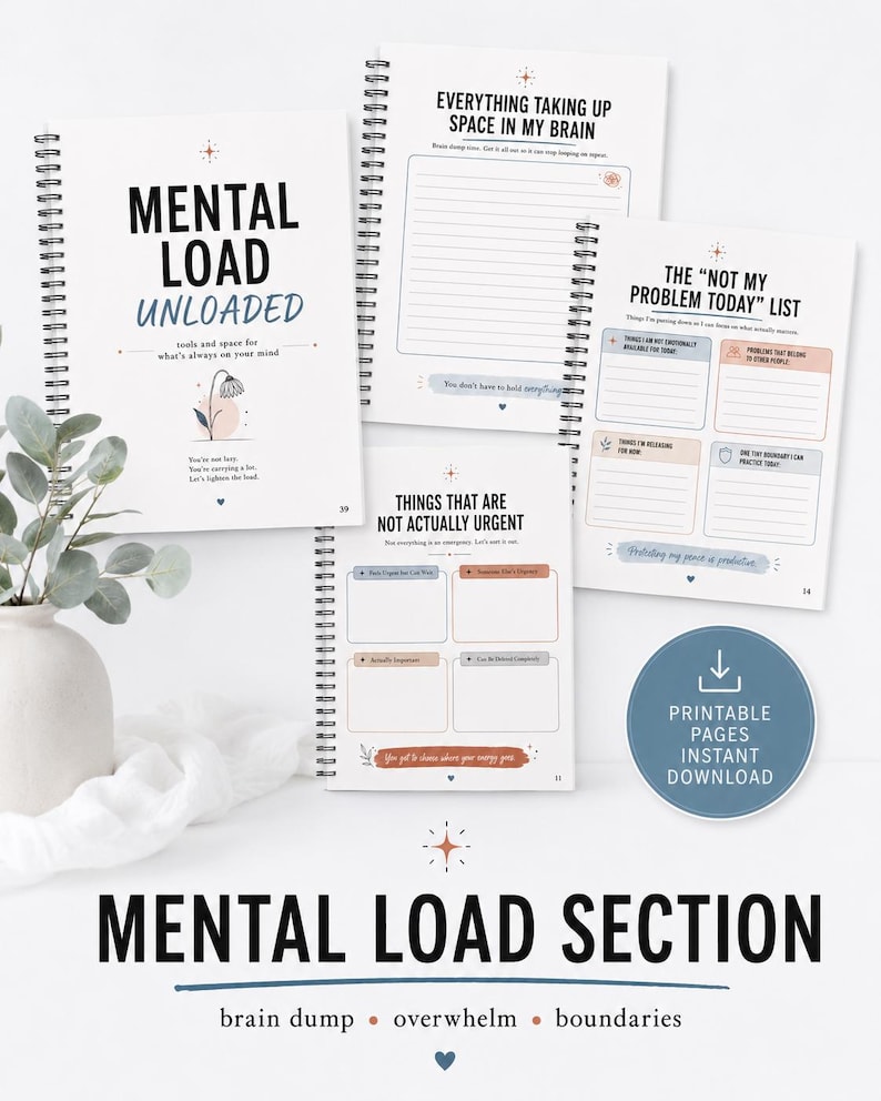 May include: A spiral-bound mental load planner with white pages featuring black text, including titles like Mental Load Unloaded, Everything Taking Up Space In My Brain, The Not My Problem Today List, and Things That Are Not Actually Urgent, with a blue download icon.