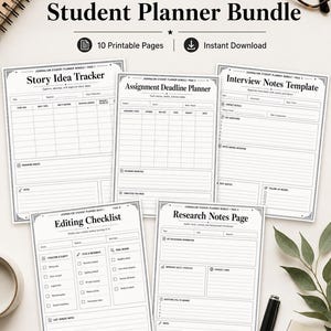 May include: A Journalism Student Planner Bundle featuring 10 printable pages including a Story Idea Tracker, Assignment Deadline Planner, Interview Notes Template, Editing Checklist, and Research Notes Page with black text on white paper.