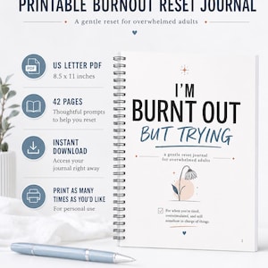 May include: A spiral-bound journal titled I'M BURNT OUT BUT TRYING with a flower illustration. The cover text includes a gentle reset journal for overwhelmed adults and a checkbox list. It is a US Letter PDF measuring 8.5 x 11 inches with 42 pages.