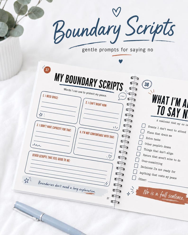May include: A spiral-bound workbook titled Boundary Scripts with pages featuring prompts for saying no. The left page includes sections for I need space, I can't right now, I don't have capacity for that, and I'm not comfortable with that.