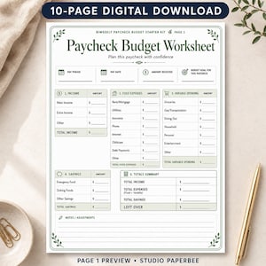 May include: A 10-page digital download featuring a Paycheck Budget Worksheet. The document includes sections for income, fixed expenses, variable spending, savings, and a totals summary, all organized with clear headings and lines for financial tracking.