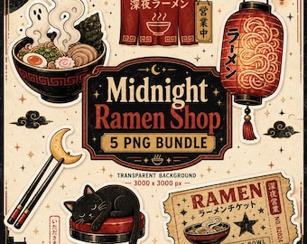 Japanese Art PNG Bundle, Ramen SVG Download, Anime Digital Download, Black Cat Clipart, Tattoo Flash Graphics