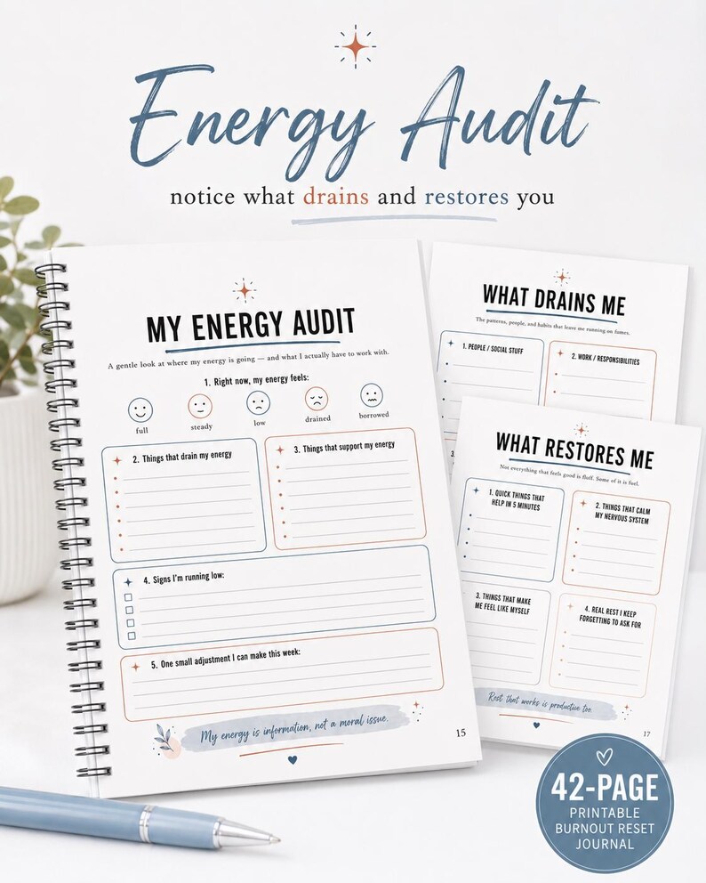 May include: A spiral-bound Energy Audit journal with white pages featuring black and blue text, including sections titled My Energy Audit, What Drains Me, and What Restores Me. The pages contain checkboxes, lines for writing, and small star icons.