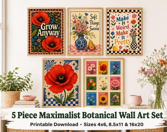 Maximalist Botanical Wall Art Set, Colorful Floral Printable Prints, Eclectic Gallery Wall Decor, Funky Flower Art, Vintage Garden Posters