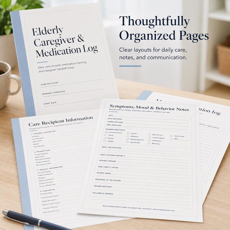 May include: An Elderly Caregiver & Medication Log planner with white pages, blue borders, and black text. The cover displays the title and fields for care recipient, caregiver, and date. Interior pages include Care Recipient Information and Symptoms, Mood & Behavior Notes with checkboxes and lines.
