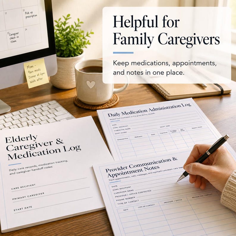 May include: A set of white paper logs for caregivers featuring the text Elderly Caregiver & Medication Log, Daily Medication Administration Log, and Provider Communication & Appointment Notes, with a black pen resting on the paper surface.