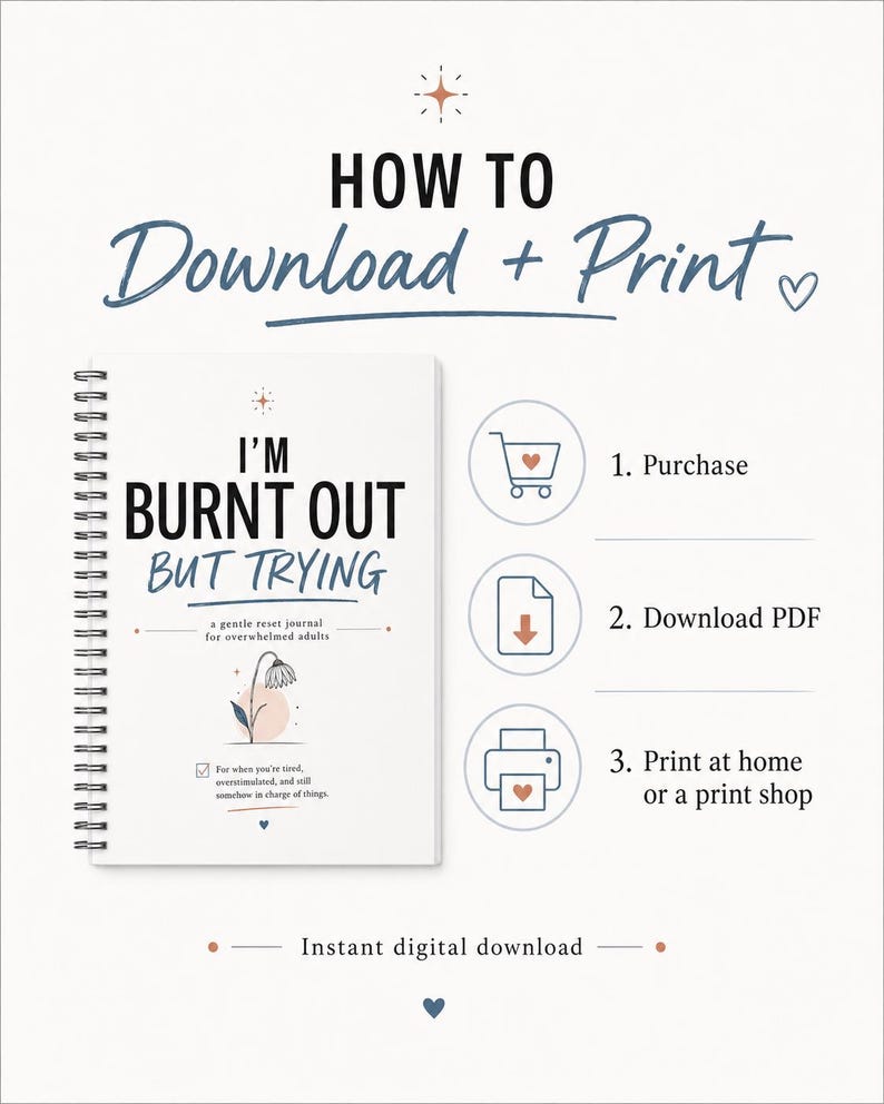 May include: A spiral-bound journal titled I'M BURNT OUT BUT TRYING with a flower illustration and text instructions for a digital download process including purchase, download PDF, and print at home or a print shop steps.