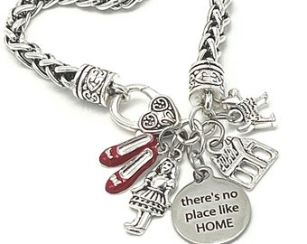 Wizard of OZ Gifts, OZ Inspired For Women Chain Bracelet, There's No Place Like Home,  Dorothy, Toto and Red Shoes,