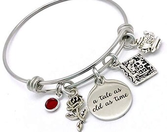 Beauty and the Beast Inspired, A Tale as Old as Time Belle Rose Bangle Bracelet for Women, Gift for Her
