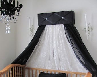 BeD CaNoPy CrIb Ballet Upholstered Ballerina Black Satin Princess WHITE SHEER Curtains