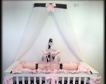 Crib Canopy Crown Nursery Princess Black white polka dot Pink Bow with WHITE SHEERS INCLUDED