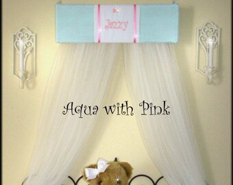 Personalized Monogram Bed CROWN Canopy Princess Crib nursery bedroom Unicorn decor FrEe Embroidered Aqua Blue Pink SALE